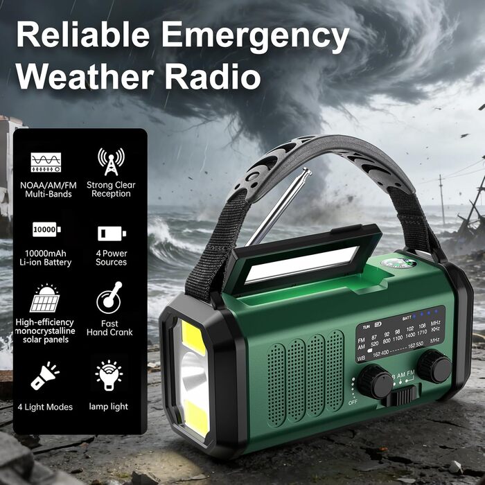 Leaton Радіостанція аварійна з ручним генератором, NOAA, AM/FM, 10000 mAh | Сонячна Power Bank, USB-C, ліхтарик, SOS-сигнал, для кемпінгу, виживання, військових, зелений