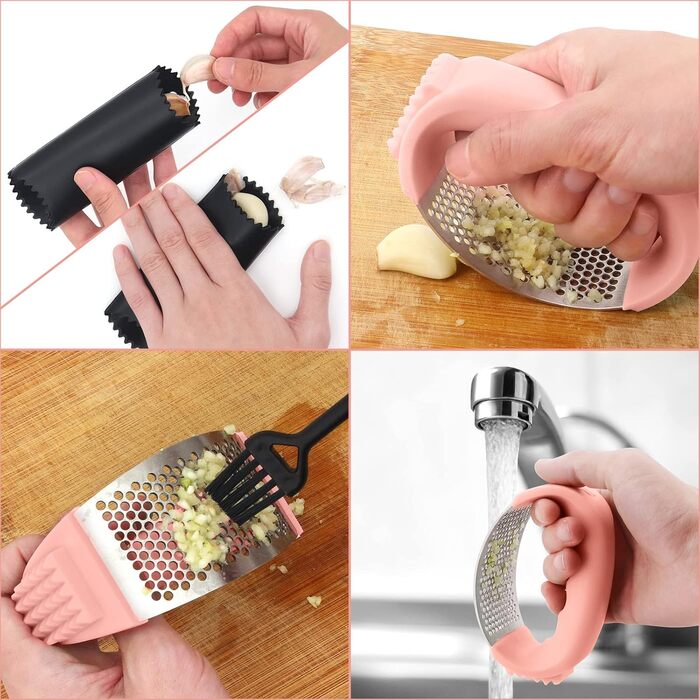 Пресувалка для часнику Bemodst з нержавіючої сталі 304, 2-в-1: пресувалка та очищувач часнику, ергономічна ручка, легка у використанні та чищенні, з щіткою для чищення часнику Rose