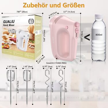 Електричний ручний міксер з нержавіючої сталі, вінчики та гаки для тіста, 5 швидкостей, Turbo Boost, для випічки, тортів, яєць та збивання (РОЖЕВИЙ)