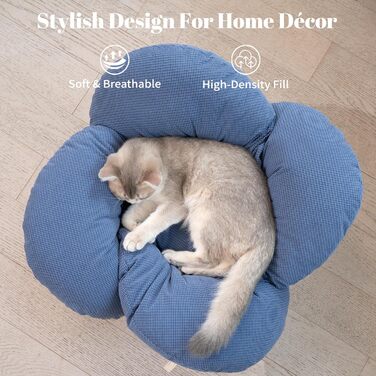 Кішка-компаньйон: підняте ліжко для котів у формі квітки, 55x55 см, велике ліжко-софа для котів, стильний стільчик з еластичним м'яким подушками, меблі для котів для сну, білий (морський блакитний)
