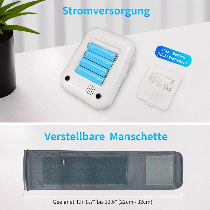 Тонометр на плече Oberarm з автоматичним вимірюванням, визначенням аритмії та вимірюванням пульсу, великим LED-дисплеєм, 2x99 пам'яттю, манжеткою 22-32 см (білий)