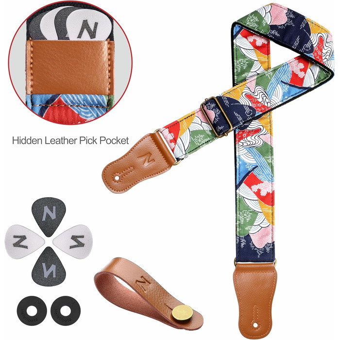 Японський гітарний ремінь Nefelibata з бавовни для акустичної гітари, укулеле, адаптер для голівки грифа в подарунок, медіатори та замок для ременя, регульована довжина 38'-64' (Бурхливі гори)