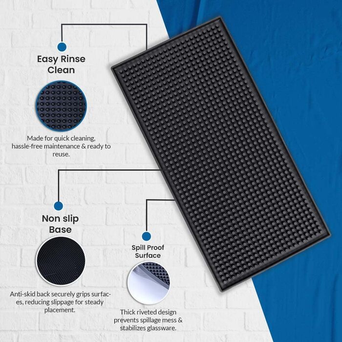 Чорна барна мат, 30 см x 15 см - гумова сервісна мат для бару, кафе, перукарні