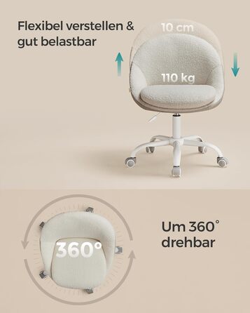 Крісло SONGMICS для офісу та дому, крісло для макіяжу з Sherpa, регульоване по висоті, з м'якою оббивкою з піни, для робочого кабінету або спальні, колір капучино-білий, матеріал Sherpa + PU, OBG020W01