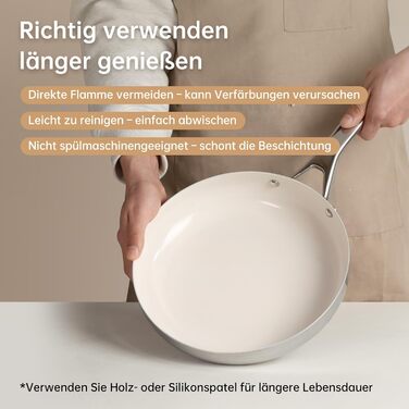 Набір сковорідок з керамічним антипригарним покриттям Tjean (без PTFE, PFOA, PFAS) з нержавіючою ручкою, підходить для індукційних, газових, електричних плит та духовки до 280°C (кремовий, 20+24+28 см)