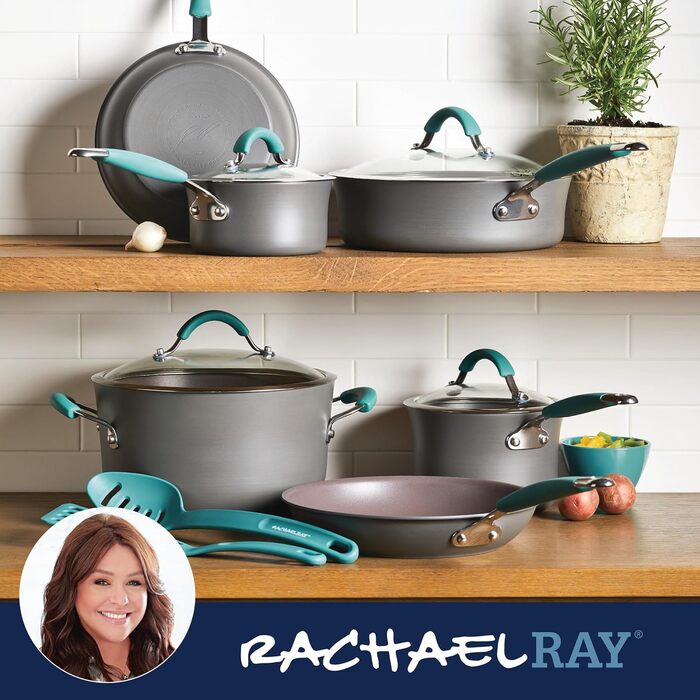 Набір антипригарного посуду Rachael Ray Cucina з алюмінію, сірий з блакитними ручками, каструлі та сковороди