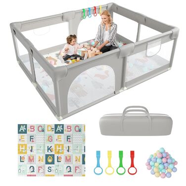 Playpen Baby, 200x160 CM Extra-large playpen for indoor and outdoor use, baby playpen with soft, breathable mesh, includes 50 balls, 6 pull rings