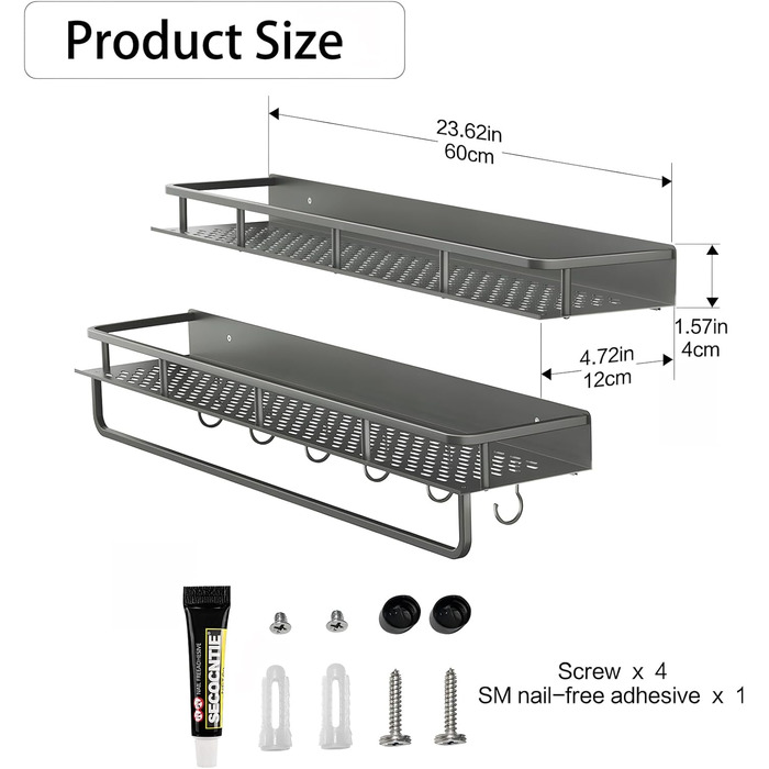 Поличка для душу Devesanter без свердління, 2 шт. - органайзер для ванної кімнати з тримачем для рушників та 6 гачками (60 см, сірий)