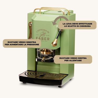 Faber Coffee Machines | Pro Deluxe Model | ESE 44 mm Coffee Pod Machine | Brass-Coated Finish | Adjustable Brass Pad Press | Standard Electrical Valve (Acid Green)