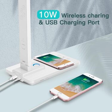 Світлодіодна лампа настільна з регулюванням яскравості та функцією зарядки годинника - настільна лампа нічник з бездротовим зарядним пристроєм 10W, USB-порт, складна, сенсорне керування, 5 рівнів регулювання, 3 режими (Tx223white-eu)