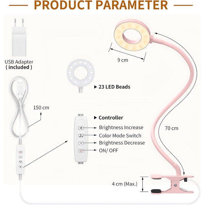 iZELL LED лампа для читання з гнуким шийним кріпленням - 10 рівнів яскравості, 3 режими, USB-зарядка, рожева (70см)