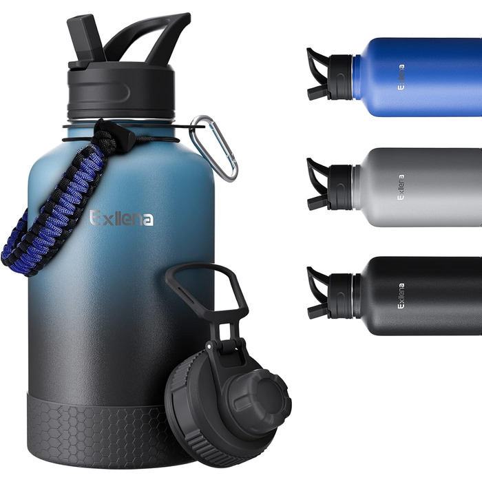 2L Stainless Steel Water Bottle with Straw, Double-Insulated Water Bottle 2 Liter with Two Lids and Protective Silicone Boot, Practical Paracord Handle for Carrying - Gradient Color