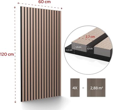 Акустичні панелі Arebos 10x60 см, настінна ламельна стіна в стилі темного дуба для стін та стелі, шумопоглинаючі декоративні панелі (набір 4 шт.)