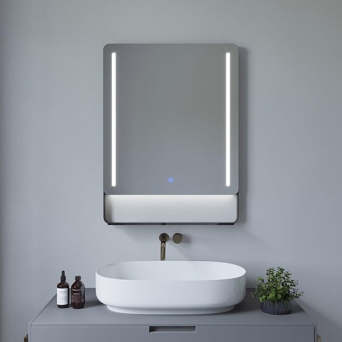 Дзеркало для ванної кімнати AQUABATOS 50x70 см LED з підсвічуванням, сенсорне керування, холодний білий (6400K), IP44, CE, енергозберігаюче
