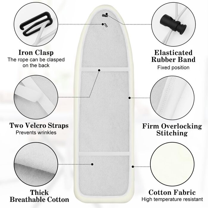 Чохол для прасувальної дошки з бавовни, еластичний, для парогенераторів, 120-125x40-46 см (слонова кістка)