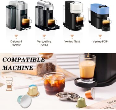 FOVNOT Reusable Coffee Capsule Adapter, 150 ML Stainless Steel Coffee Pad Adapter Coffee Pad Converter with 4 Stickers Compatible for Vertuo Next/Vertuo POP/Vertuoline GCA1/Delonghi ENV135