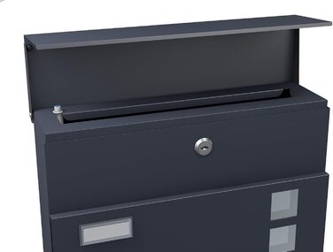 Поштова скринька BASI з м'яким закриттям, оглядовим вікном та табличкою для імені, DIN A4, з 2 ключами, вбудованим відділенням для газет, антрацит, настінна (H37x37x10.4 см)