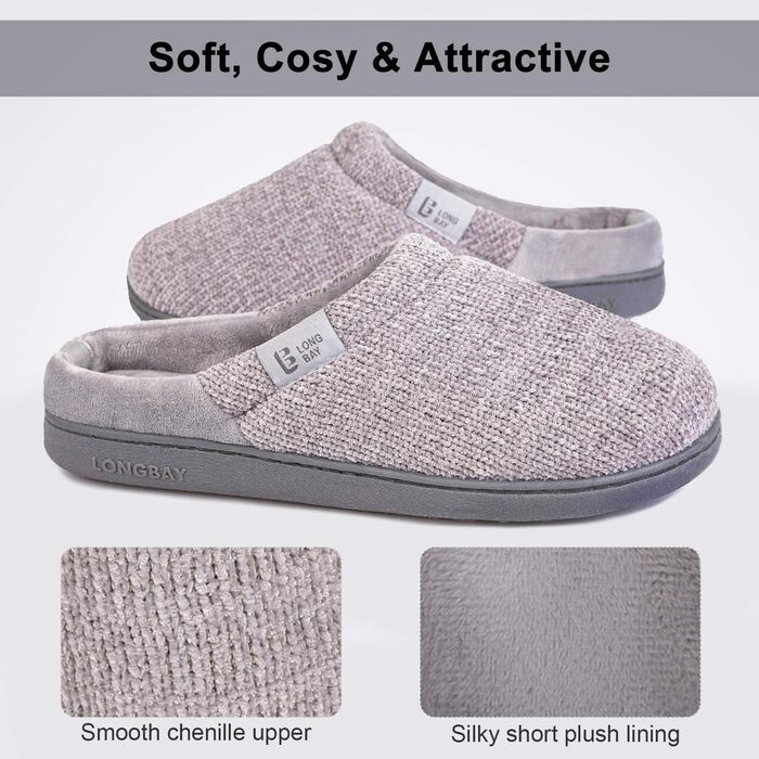 Домашні тапочки LongBay для жінок з меморі-піною, антиковзкі, зручні, сліпони, сірі, 38/39 EU