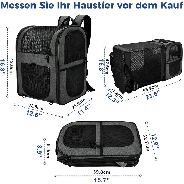 Рюкзак для собак та котів Apollo Walker - для маленьких тварин (2-15 кг), з підтримуючим каркасом, дихаючий, розширюваний, сірий