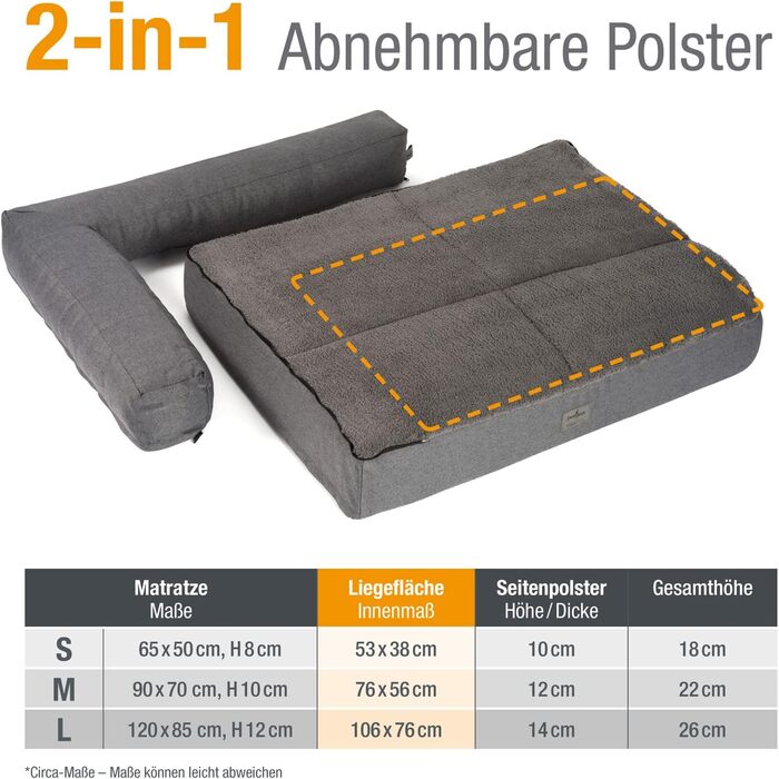 JAMAXX Преміум диван-лежанка для собак - ортопедичний, знімні подушки та чохол, м'який фліс/овчина, PDB3014 (M) 90x70 сірий