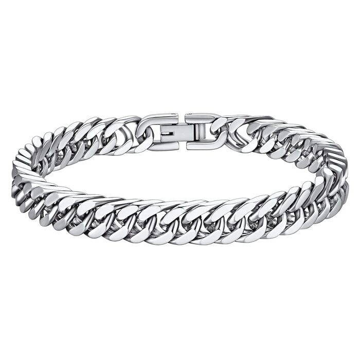 Чоловічий браслет Richsteel з нержавіючої сталі сріблястого/золотого/чорного кольору, ширина 8/12/17 мм, довжина 19/21/23 см, кубинський ланцюг, подарункова коробка. (23 см, 8 мм, срібло)