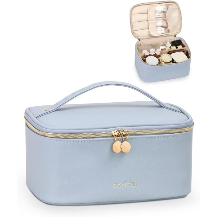 Велика косметичка для жінок, дорожня косметичка з водонепроникної шкіри, косметичний мішечок або сумочка для макіяжу з ручкою та знімним роздільником (Блакитна)