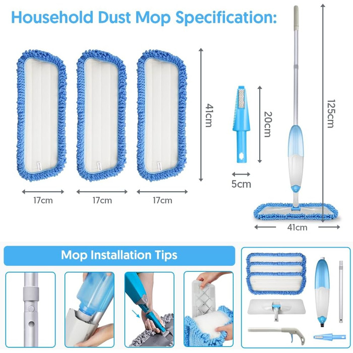 Швабра з розпилювачем, швабра для підлоги з розпилювачем, набір швабр з 3 змінними мікрофібрами, біла швабра з баком для води (435мл)