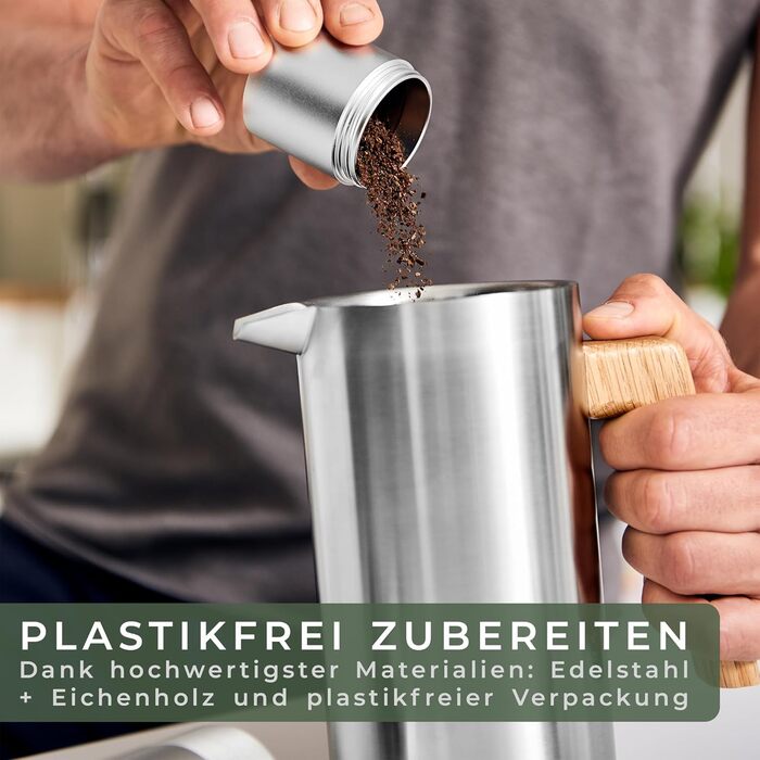 WALDWERK French Press (1L) - Coffee Maker made of double-walled stainless steel with an oak wood handle - plastic-free French Press 1L