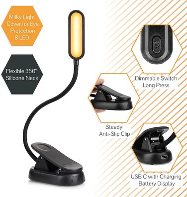 Нічна лампа-прищіпка для читання Toys4Boys з 8 LED, гнучка 360°, червоне світло для читання в ліжку