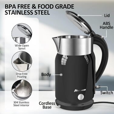 Navie Mobi Stainless Steel Electric Kettle - 1.8L, 2200W Fast Boil, BPA Free, Double Wall, Drip-Free, Auto Shutoff, Quiet & Cordless, SGS Certified, Turquoise Green (Black)