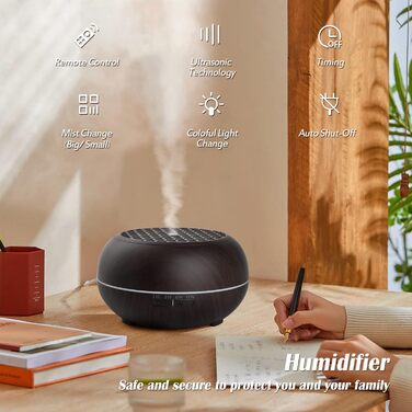 Дифузор аромату Simpeak 550мл, ультразвуковий дифузор для ефірних олій з дерева, зволожувач повітря з дистанційним керуванням (темно-коричневий)