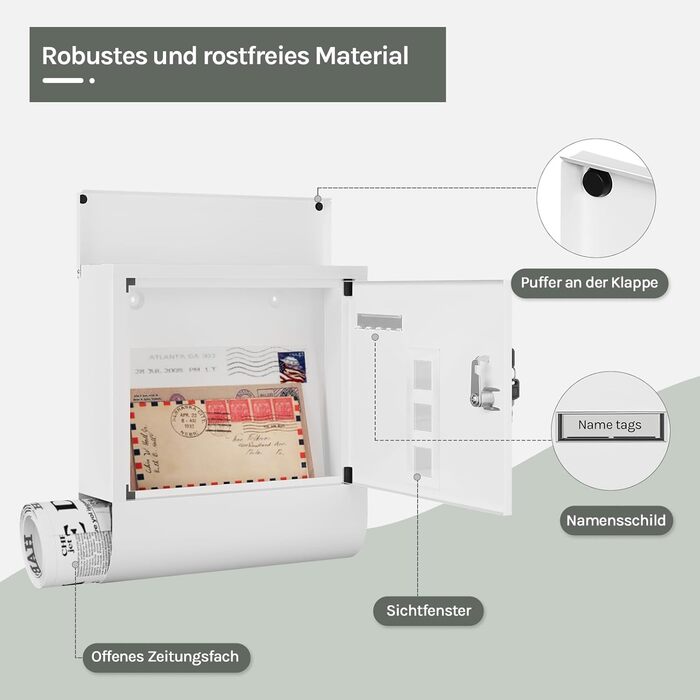 Поштовий ящик WOLTU з газетницею, оглядовим вікном та табличкою для імені, настінний, замикається (2 ключі), білий (30,5x33,5x9 см)