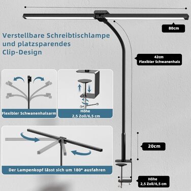LED настільна лампа Brightower з диммуванням, 24W, 80см, для офісу та дому, захист очей, денне світло, з пультом, гнушкий шийний механізм, 5 кольорів, чорний