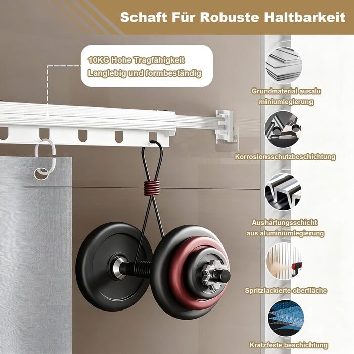 Шторка для душу з розсувною штангою без свердління, 4 секції, обертається, алюмінієвий сплав, водонепроникний антибактеріальний душ-завіса 180x200 см, для ванної кімнати та ванни (білий/сірий)