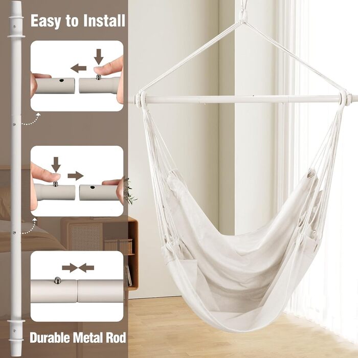 Chihee Hanging Chair Rocking Chair Hammock Chair Large Hanging Seat Patio Lawn Relaxing Cotton Fabric for High Comfort and Durability Perfect for Indoor/Outdoor Use Bedroom Terrace Yard Garden (Cream White)