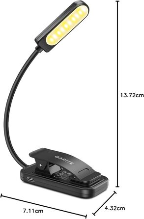LED лампа для читання з кліпсою, захист очей, 6 LED, 3 режими яскравості (теплий/холодний/білий), USB перезарядна, 360° регульована, для читання, ліжка, офісу, подорожей, чорна