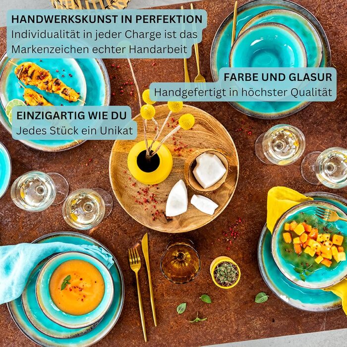 SÄNGER | Capri Dinnerware Set, 12-Piece, Plate Set for 4 People, Stoneware Dinnerware including Dinner Plates, Dessert Plates & Deep Plates, Turquoise Blue Tableware Set with Grey Rim | PREMIUM COLLECTION 12-Piece Dinnerware Set