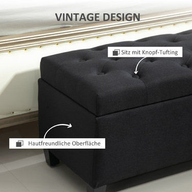 HOMCOM Bench with Cushion, Storage Chest Bench, Entryway, Bedroom, Living Room, Linen-like Polyester, Rubberwood, Black, 100 x 40 x 44 cm | Aosom