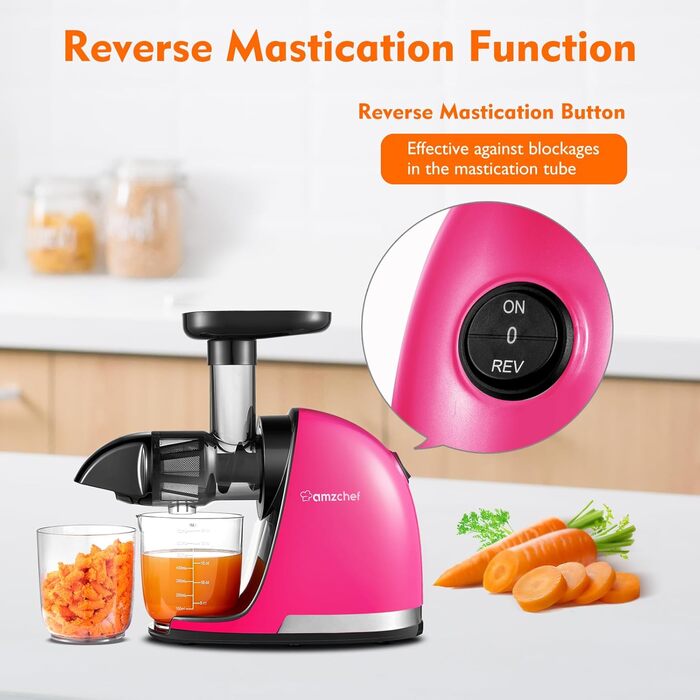 AMZCHEF Juicer for Vegetables and Fruits - Test Winner - Slow Juicer with Reverse-Mastication Function - Gentle Crushing without Filtering - Electric Juice Press with Brush and 2 Cups - Magenta