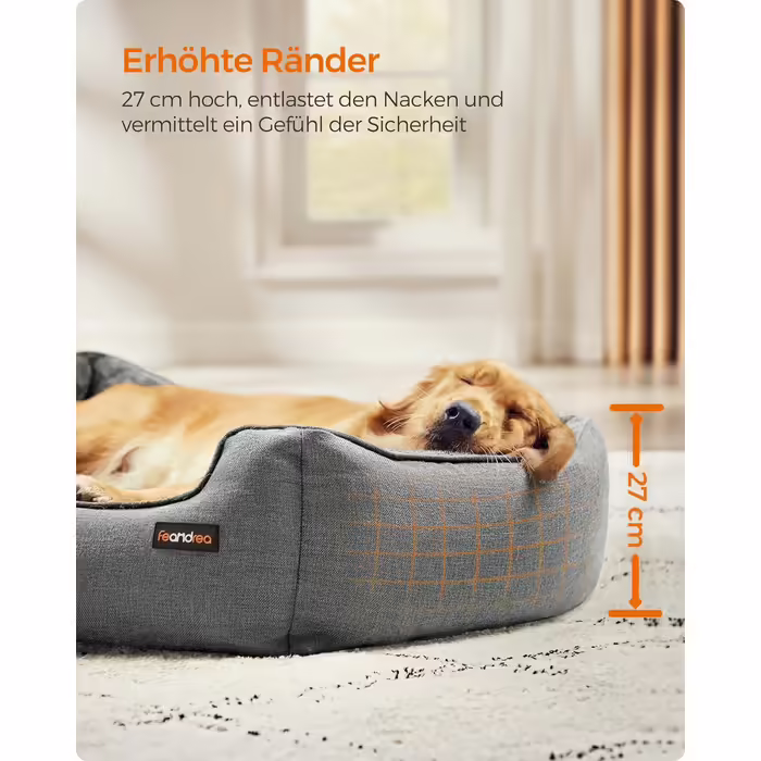 Feandrea Dog Bed, Linen-Look Dog Cushion, Dog Basket, Raised Edges, Non-Slip Bottom, Removable and Washable Cover, XL, for Large Dogs, 110 x 75 x 27 cm, Light Grey PGW12GG