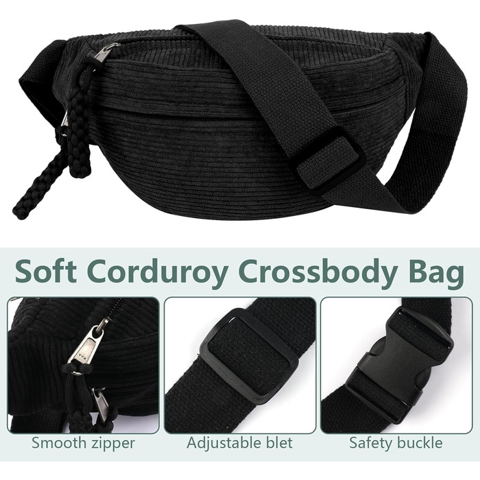 Жіноча сумка через плече, поясна сумка, сумка кросбоді з корду, стильна та практична нагрудна сумка, сумка на пояс, на стегно, для спорту, подорожей, бігу, школи, зелена (чорна)