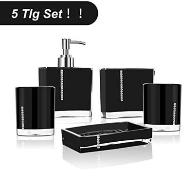 5-Piece Bathroom Accessories Set, Bathroom Dispenser Set includes lotion bottle, toothbrush holder, tray, 2 rinsing cups (black)