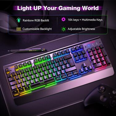 Клавіатура ігрова TECKNET RGB для ПК, 105 клавіш, повнорозмірна, з підсвічуванням, підставка для зап'ястя, QWERTY (ES)