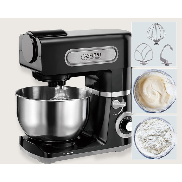 Кухонна машина TZS First Austria професійна | Міксер з чашею 6 л, 1500 Вт, 6 швидкостей, з набором насадок (міксер, гак для тіста, вінчик), нержавіюча сталь