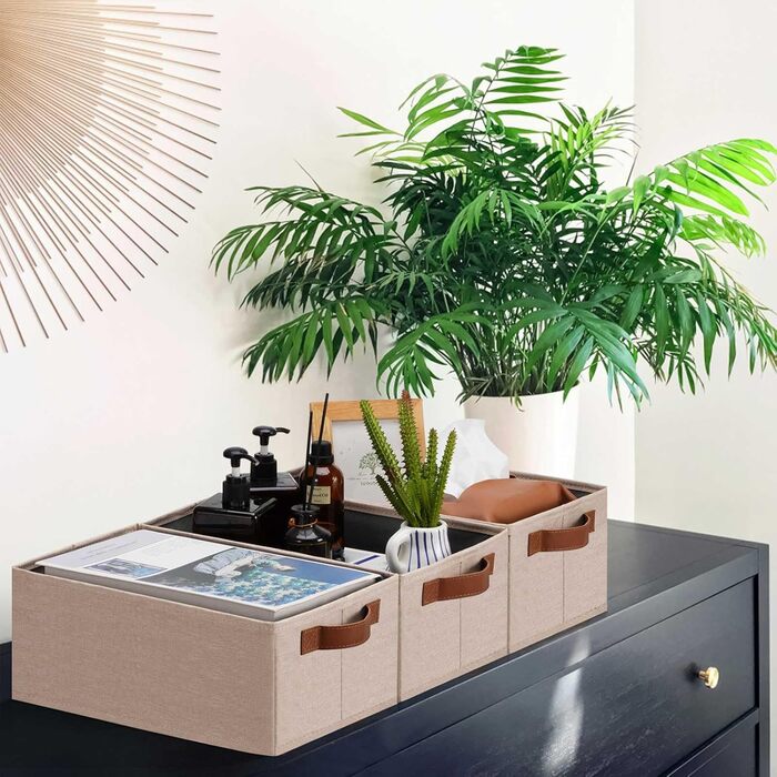 Ghvyenntte Storage Baskets (6 Pieces), Small Fabric Storage Baskets, Foldable, 30 x 20 x 13 cm, Organizer Baskets with PU Handles, Decorative Square Baskets for Closet, Shelves, Cabinet (Small-11.8