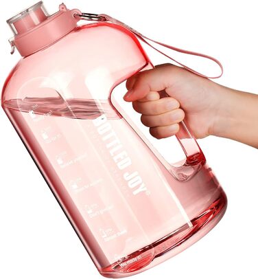 Sport Water Bottle, 1 Gallon/ 3.5L Water Bottle with Time Markers, Leak-Proof, Reusable & BPA-Free Water Bottle with Handle Cleaning Brush for Gym, Office (Pink, 3785 ml)