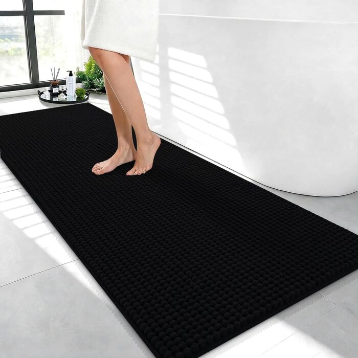 Великий килимок для ванної кімнати Chenille 50x120 см, антиковзаючий м'який килим у ванну з високим ворсом 1.5 см, гігроскопічний та придатний для прання (Чорний)