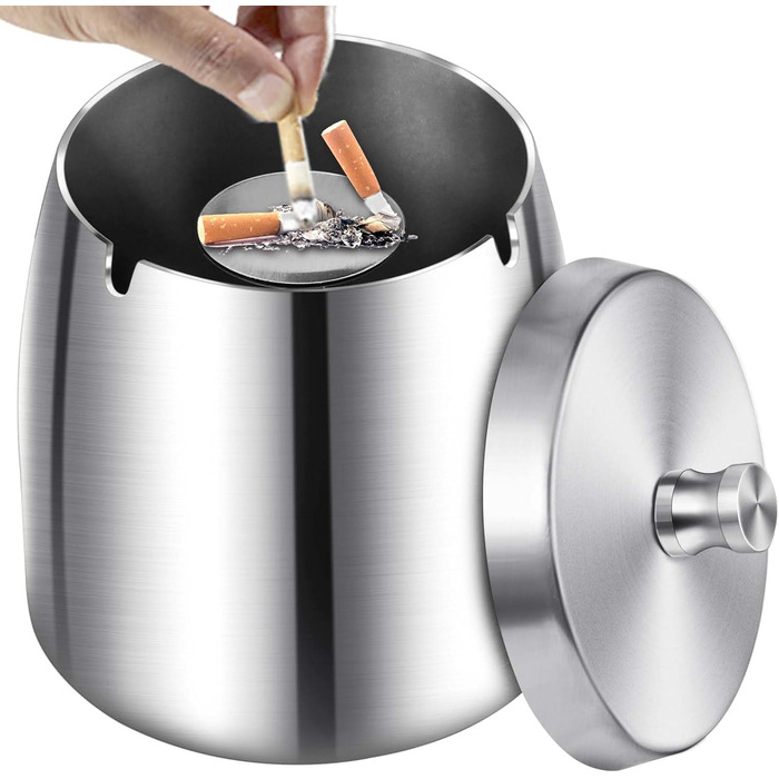 Нержавійна попільничка для вулиці та дому з кришкою, з антиковзною основою (срібна)