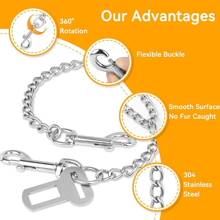 Нашийник для собак з ланцюгом, 53 см, автомобільний ремінь безпеки для собак, нержавіюча сталь 304, нашийник для собак, безпечний для маленьких/великих собак, котів
