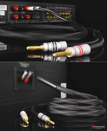 Акустичний кабель Nakamichi 12AWG з банановими роз'ємами 24K золото, 3м, безкиснева мідь (OFC), в обплетенні, для домашнього кінотеатру та підсилювача — Чорний